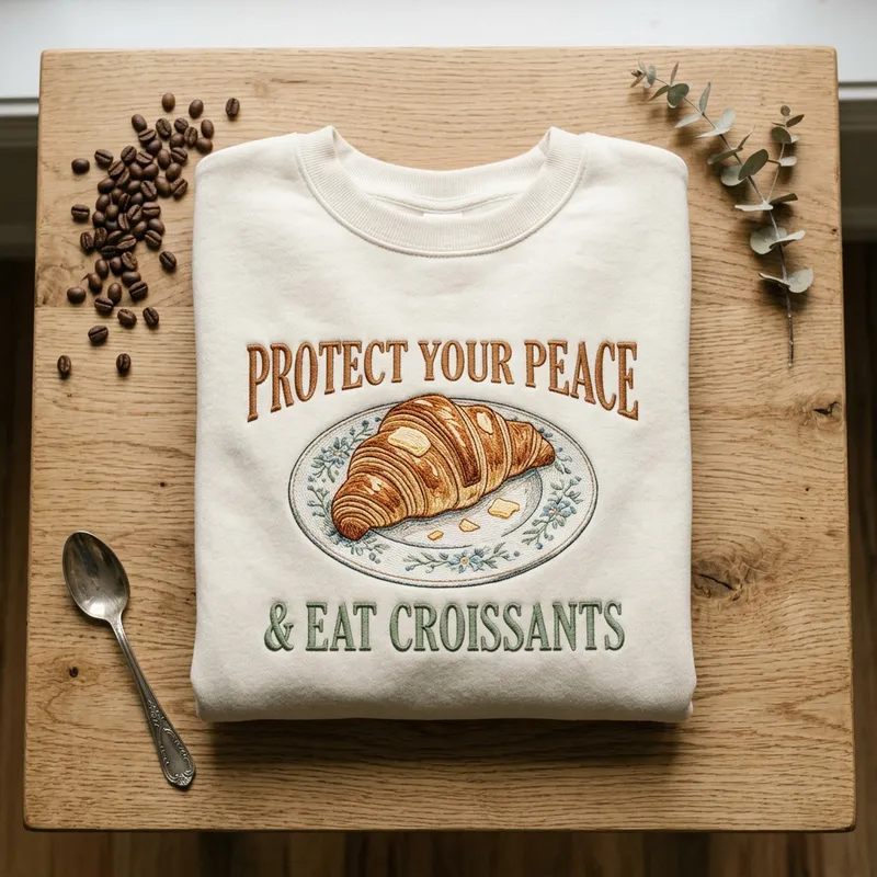 The Croissanterie Viral Event & Protect Your Peace Sweatshirt Macro close-up shot of the 'Protect Your Peace & Eat Croissants' embroidery stitching