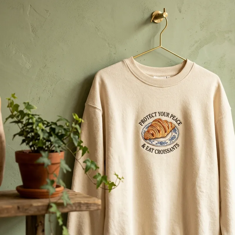 The Croissanterie Viral Event & Protect Your Peace Sweatshirt A young woman smiling while wearing the Protect Your Peace embroidered sweatshirt in a sunny outdoor setting