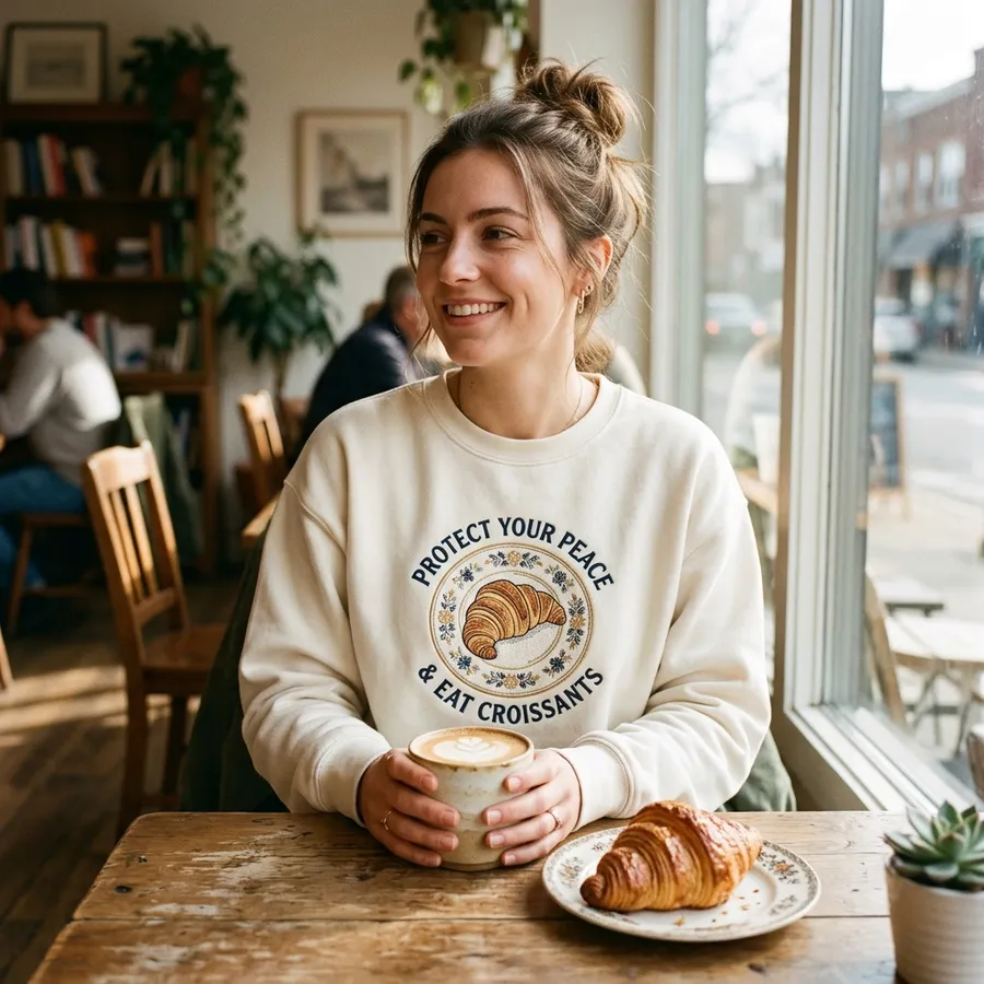 The Croissanterie Viral Event & Protect Your Peace Sweatshirt Styled flat lay of a croissant, a cup of coffee, and embroidery threads in warm golden yellows and sage greens