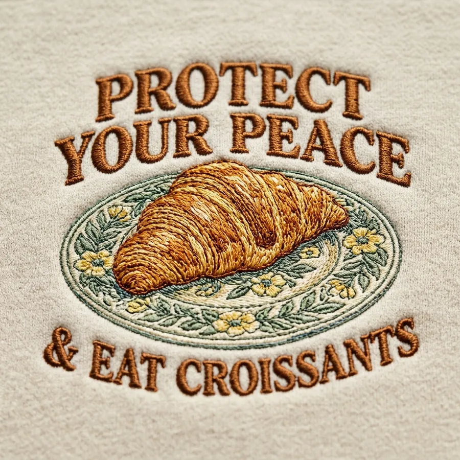 The Croissanterie Viral Event & Protect Your Peace Sweatshirt Folded embroidered sweatshirts packaged beautifully with a ribbon and a custom LolliDollyArt tag