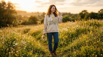 Woman wearing a beige sweatshirt with spring floral embroidery in a sunlit meadow