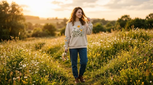 Woman wearing a beige sweatshirt with spring floral embroidery in a sunlit meadow