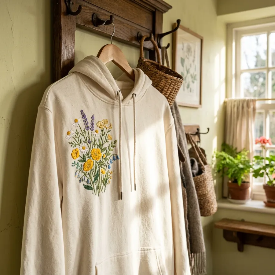 Spring Floral Embroidered Clothing & Apparel | LolliDollyArt Lifestyle shot of a woman wearing a custom floral embroidered hoodie outdoors in spring