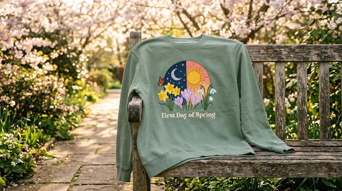 Is Today the First Day of Spring? 2026 Equinox & Cozy Merch A cozy lifestyle shot of a person wearing a sage green sweatshirt with celestial and floral spring embroidery, holding a coffee mug outdoors