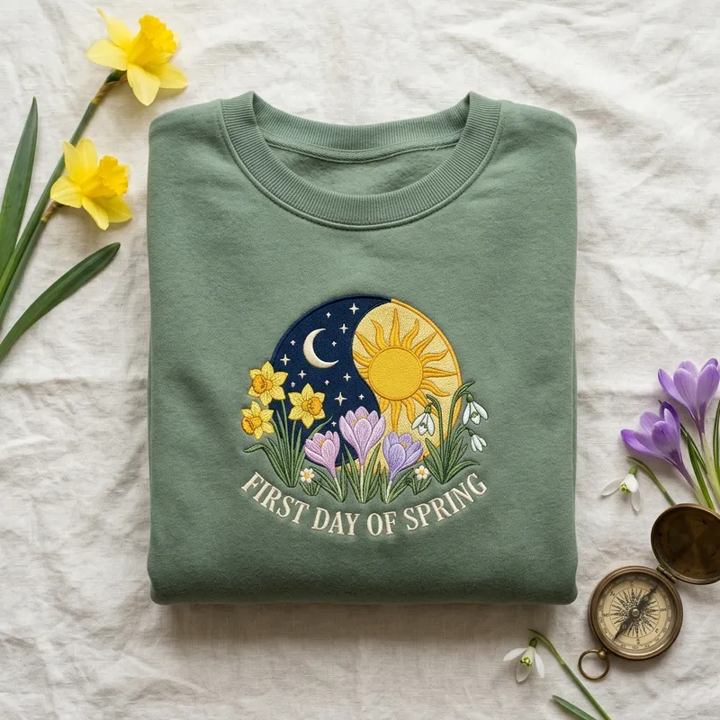 Is Today the First Day of Spring? 2026 Equinox & Cozy Merch Extreme close-up macro photography of the Equinox Garden embroidery, showing the intricate satin stitches of the golden sun and the delicate french knots of the crocus flowers on sage green fabric