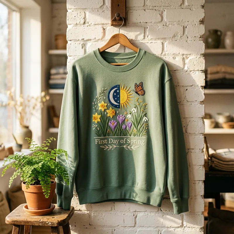 Is Today the First Day of Spring? 2026 Equinox & Cozy Merch A young woman laughing while wearing the Equinox Garden Embroidered Sweatshirt, adjusting the sleeve to show a custom date embroidered on the cuff