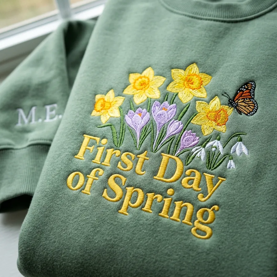 Is Today the First Day of Spring? 2026 Equinox & Cozy Merch A close-up of the left wrist cuff of the sage green sweatshirt, showing the custom embroidered date 'March 20' in golden-yellow thread