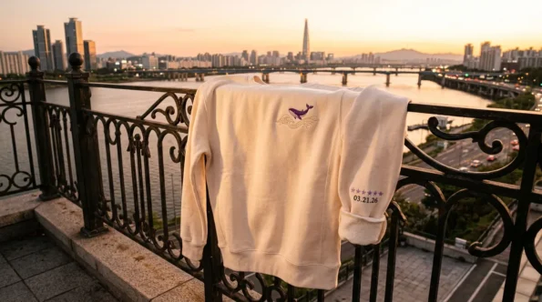 BTS members Arirang comeback commemorative cream embroidered sweatshirt on balcony