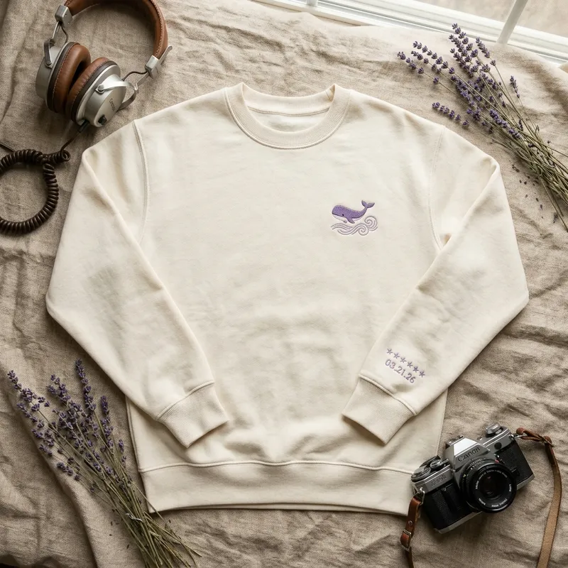 BTS Members Reunite: 'ARIRANG' Comeback & Subtle Merch Fashion Extreme close-up macro shot showing the intricate embroidery stitch detail of the tiny purple whale swimming gracefully over a traditional Korean line-art wave motif.
