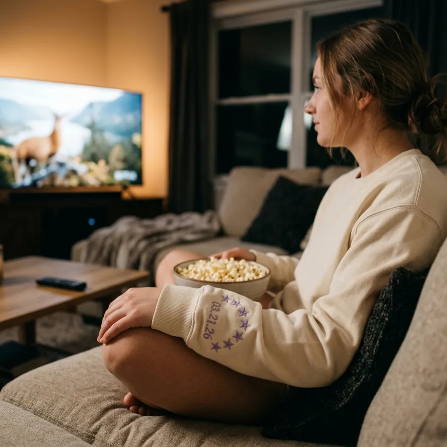 BTS Members Reunite: 'ARIRANG' Comeback & Subtle Merch Fashion A beautifully styled flat lay of the 'Arirang' OT7 sweatshirt surrounded by purple ribbon, a glowing ARMY bomb lightstick, and aesthetic Netflix documentary watch-party snacks.