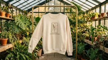 Virgo embroidered cream sweatshirt hanging in a sunlit botanical greenhouse.