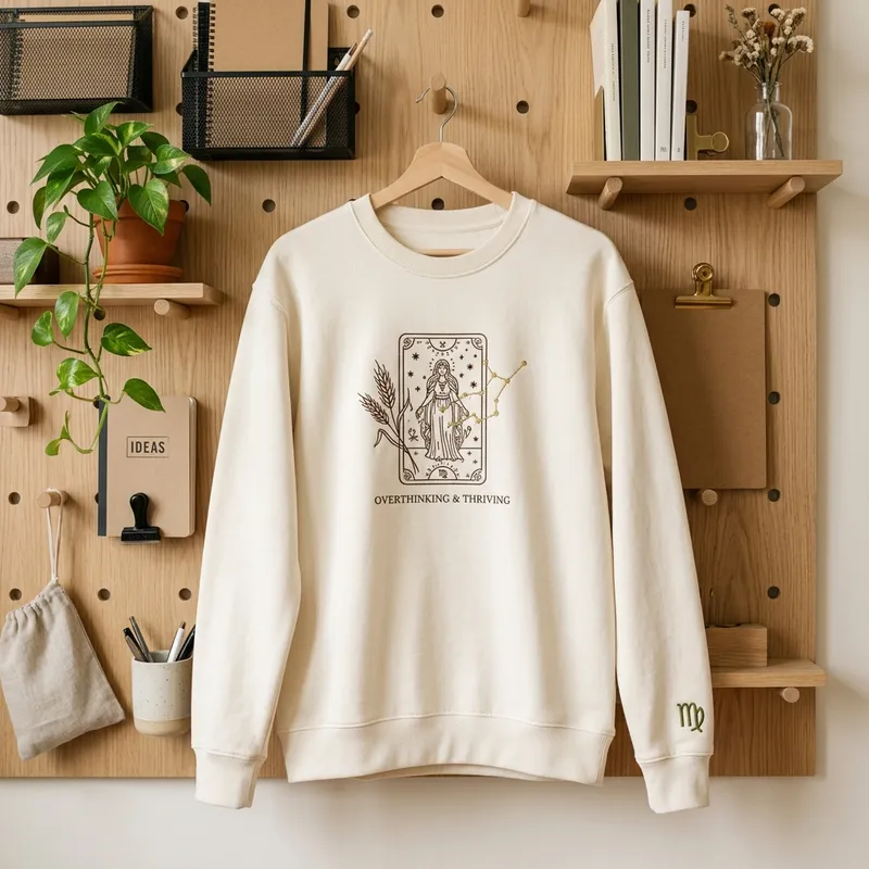 A candid lifestyle shot of a young woman wearing the cream Thriving Virgo crewneck, smiling while holding a matcha latte