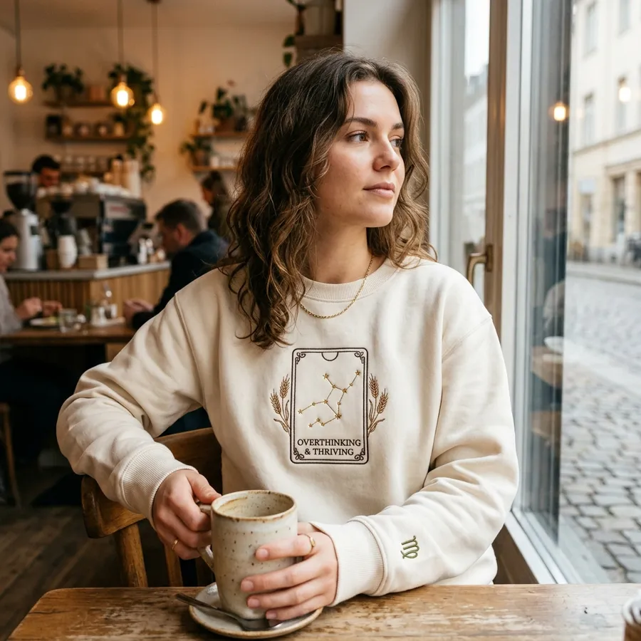 A beautifully styled flat lay showing the Thriving Virgo sweatshirt next to a tarot deck, a sprig of dried wheat, and a glowing candle