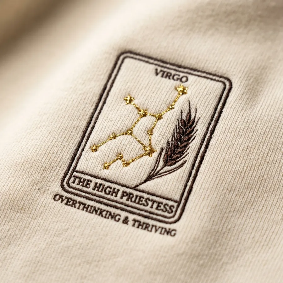 Detail shot of the hidden olive green Virgo astrological symbol embroidered near the sleeve cuff of the sweatshirt
