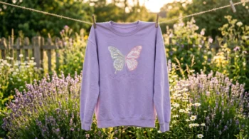 Vintage lavender embroidered Hannah Montana Y2K nostalgia sweatshirt on a clothesline.