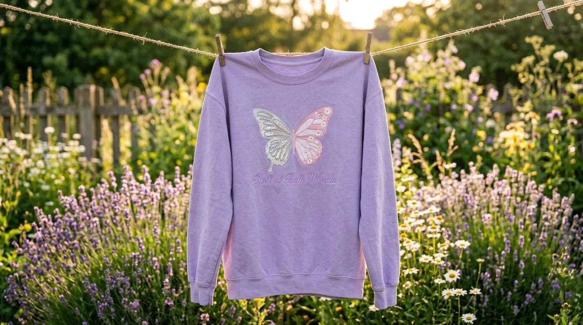 Vintage lavender embroidered Hannah Montana Y2K nostalgia sweatshirt on a clothesline.