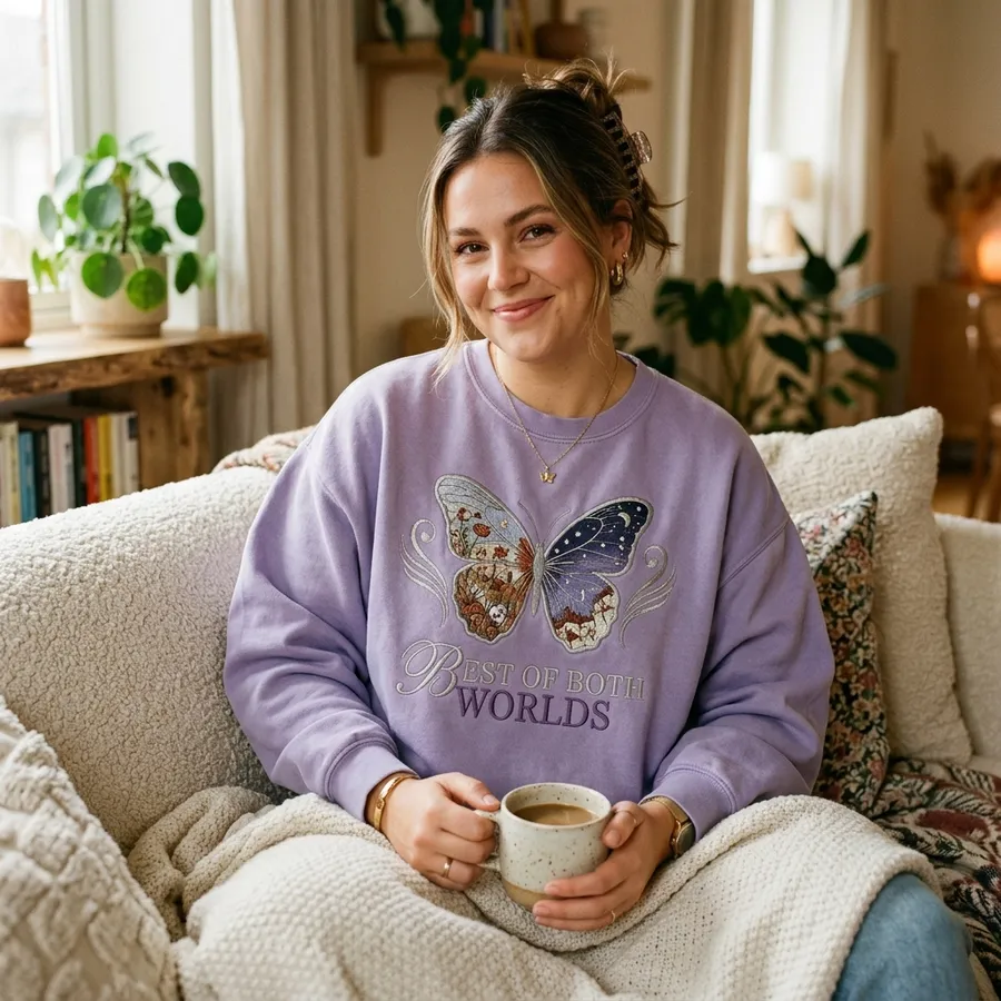 A styled flat lay featuring the folded lavender embroidered sweatshirt, surrounded by nostalgic Y2K items like a vintage digital camera, lip gloss, a retro flip phone, and some scattered daisies on a pastel background.