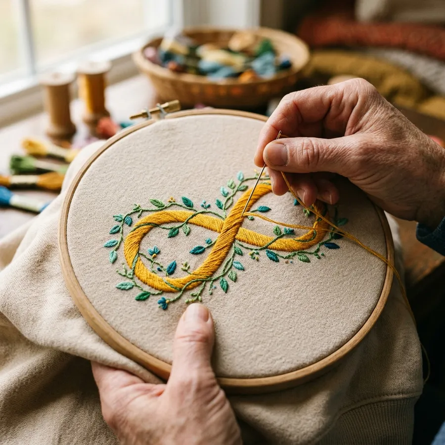 Close up of high quality machine embroidery on a soft sweatshirt