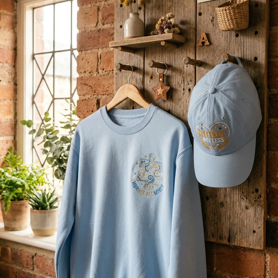 Autism Awareness Embroidered Fashion | LolliDollyArt Person smiling while wearing a comfortable custom embroidered hoodie