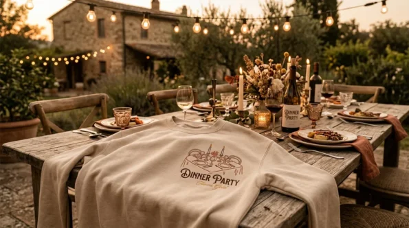 Niall Horan inspired Dinner Party embroidered sweatshirt draped on rustic table