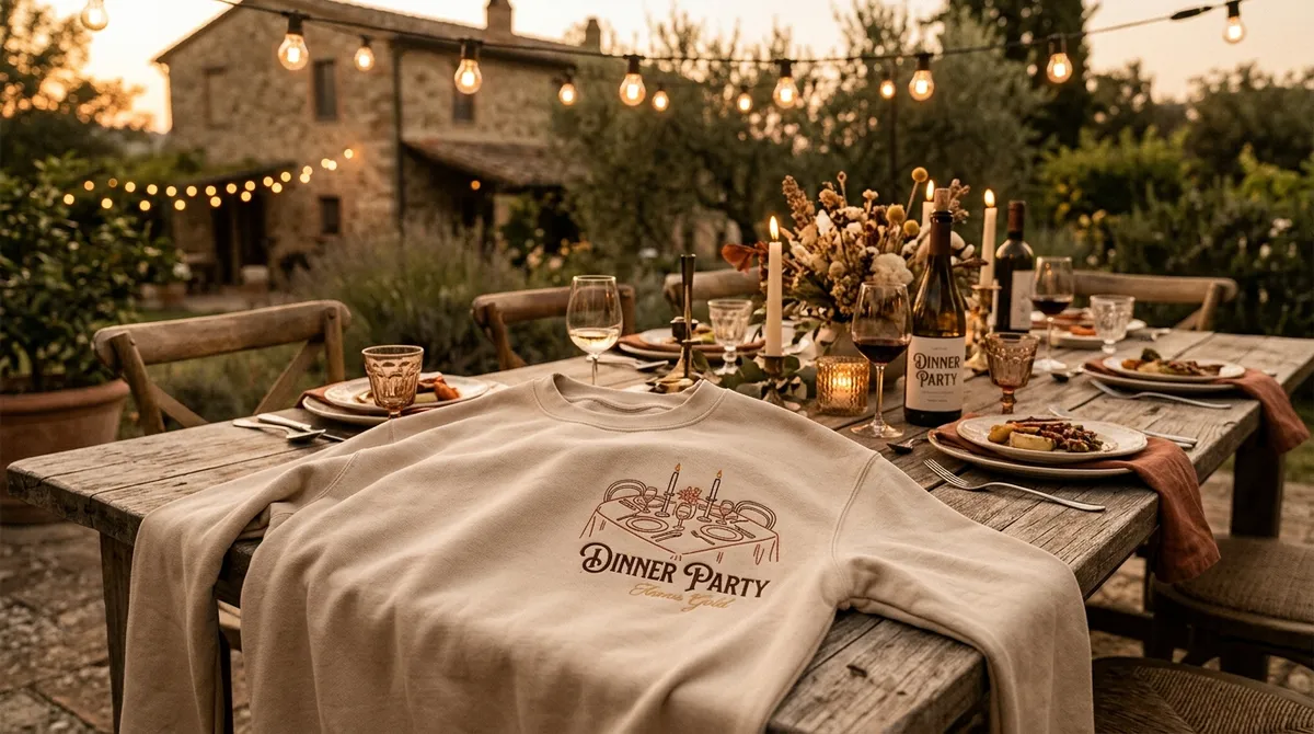 Niall Horan inspired Dinner Party embroidered sweatshirt draped on rustic table