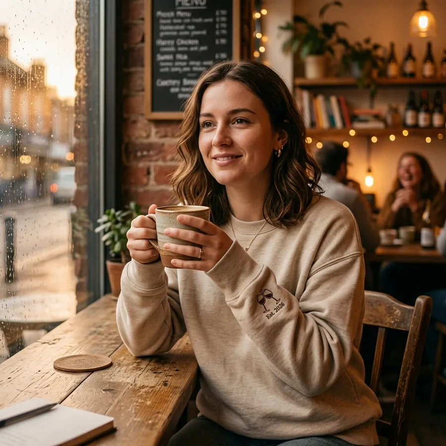 Styled flat lay showing the Dinner Party embroidered sweatshirt beautifully gift wrapped