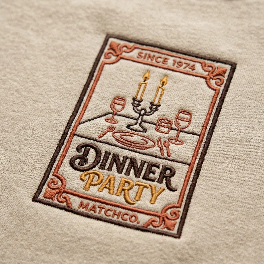 Detail shot of the sleeve embroidery featuring a clinking wine glass and Est 2026