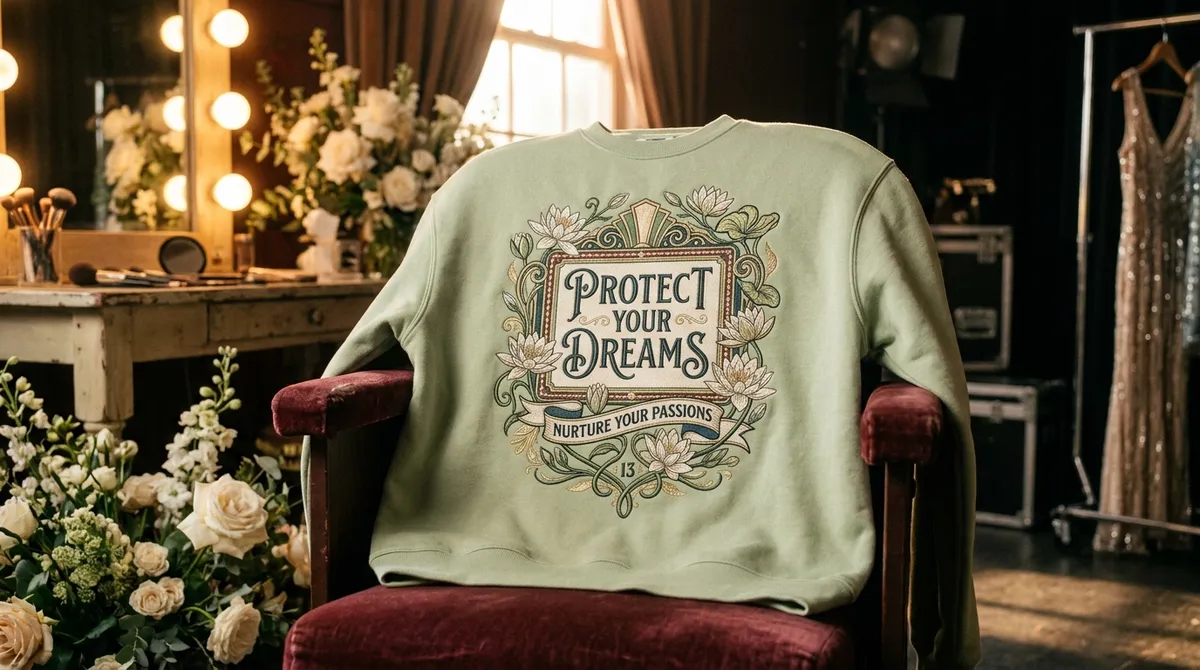 Taylor Swift 2026 iHeartRadio Awards & Custom Embroidered Sweatshirts Taylor Swift inspired Protect Your Dreams Showgirl Embroidered Sweatshirt worn in a cozy lifestyle setting