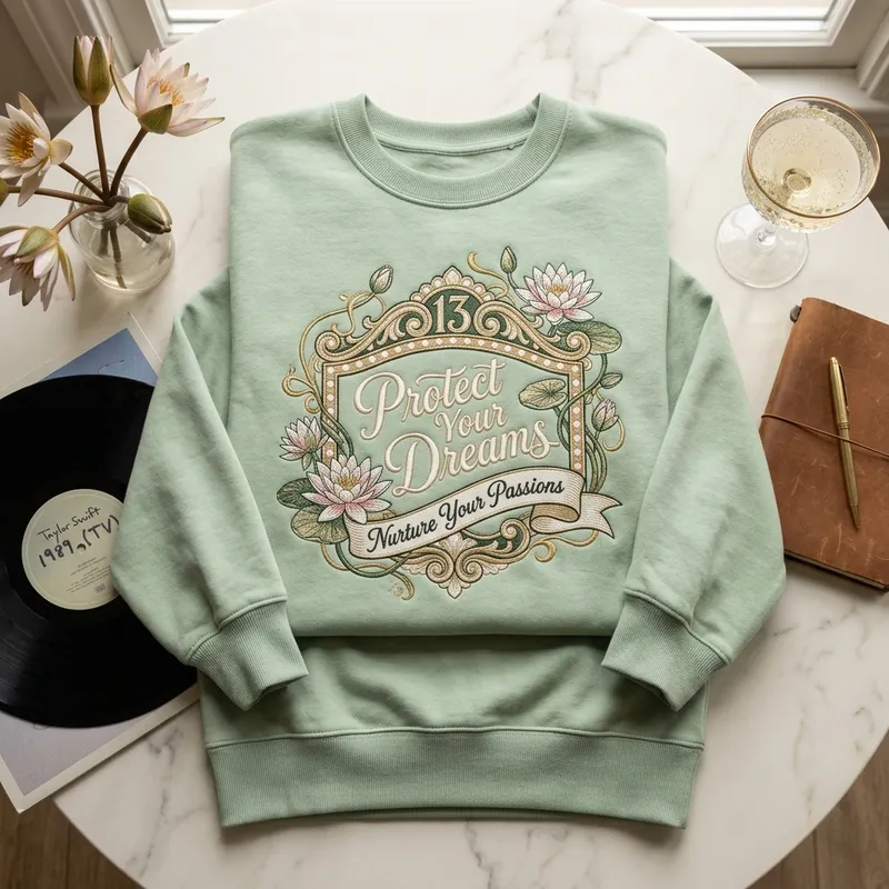 Taylor Swift 2026 iHeartRadio Awards & Custom Embroidered Sweatshirts Macro close-up of the pale green and champagne gold embroidery stitches on the Taylor Swift concept sweatshirt