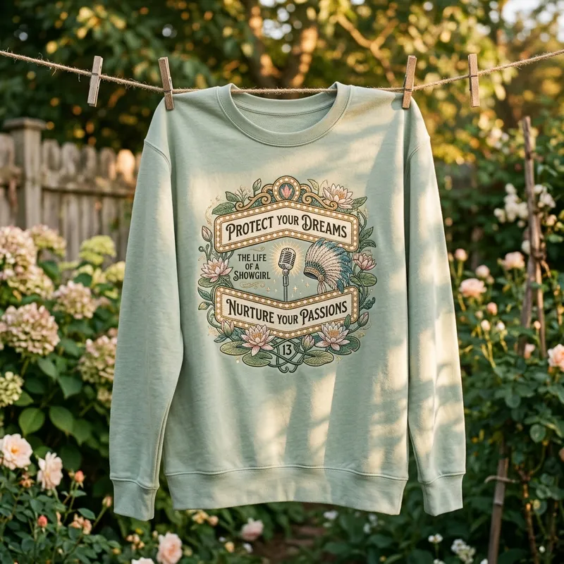 Taylor Swift 2026 iHeartRadio Awards & Custom Embroidered Sweatshirts Fan wearing the Taylor Swift inspired Showgirl embroidered sweatshirt at a casual coffee shop