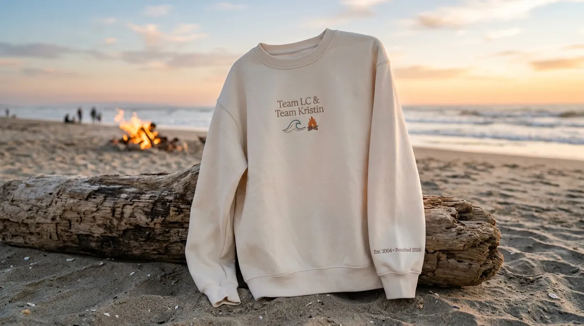 Laguna Beach Reunion: The Ultimate Nostalgia Sweatshirt A cozy, aesthetic flat lay featuring a custom embroidered crewneck sweatshirt beside a beach bonfire setup, celebrating the Laguna Beach reunion