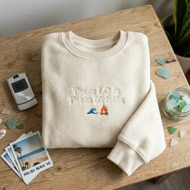 Laguna Beach Reunion: The Ultimate Nostalgia Sweatshirt Macro close-up of intricate embroidery on a cream sweatshirt featuring a tiny beach bonfire with sunset orange thread and the words Team LC and Team Kristin