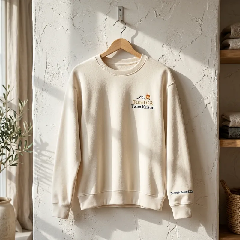 Laguna Beach Reunion: The Ultimate Nostalgia Sweatshirt A millennial woman in her 30s smiling and wearing the cream-colored Reunion Bonfire Embroidered Crewneck Sweatshirt while holding a glass of wine
