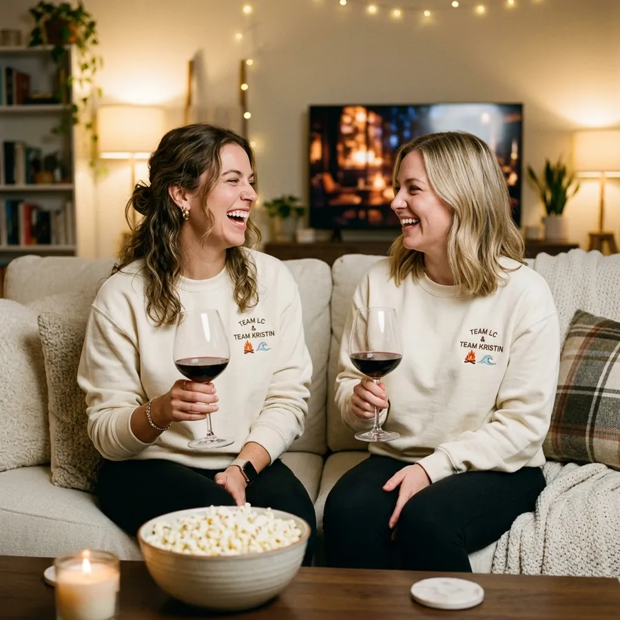 Laguna Beach Reunion: The Ultimate Nostalgia Sweatshirt Styled flat lay of the embroidered sweatshirt folded neatly next to a nostalgia-themed gift basket with 2000s memorabilia and a wine glass