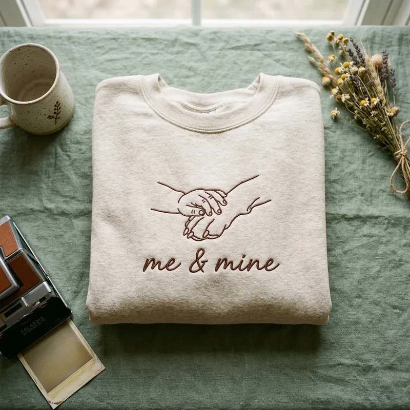 Close-up macro shot of the espresso brown thread embroidery on a custom sweatshirt, detailing a dog paw and a baby hand
