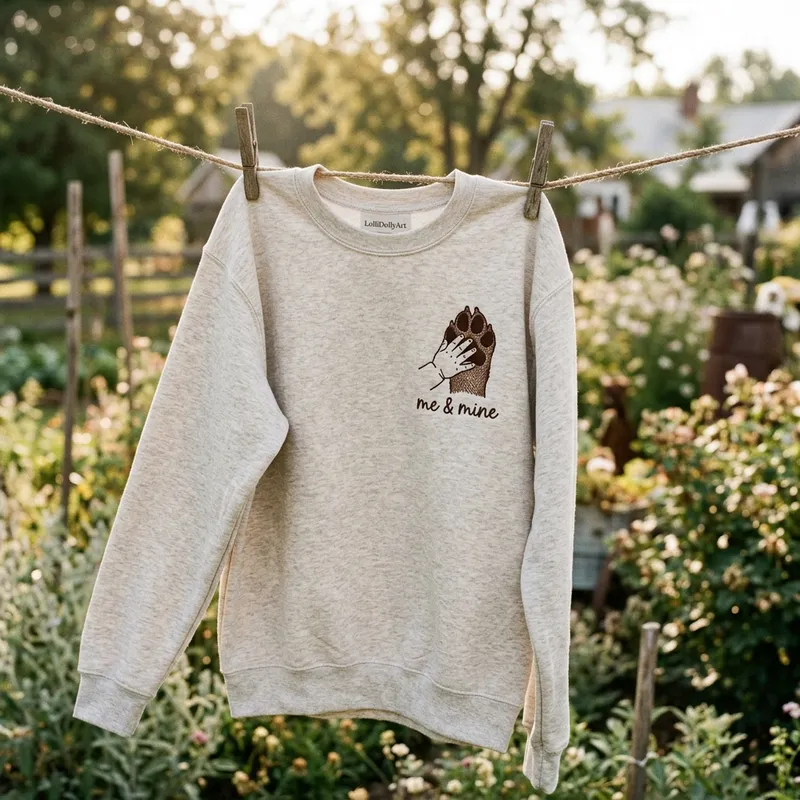 A Gen Z mother wearing the custom 'Me & Mine' line-art sweatshirt while sitting outside in a cottagecore setting