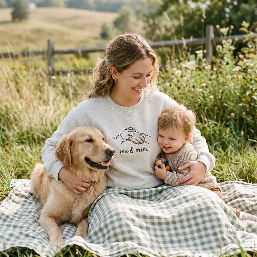 A beautifully styled flat lay of the 'Me & Mine' custom sweatshirt surrounded by dried flowers, vintage books, and a cup of coffee
