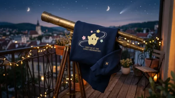 Super mario galaxy inspired embroidered Luma sweatshirt draped on a balcony telescope.
