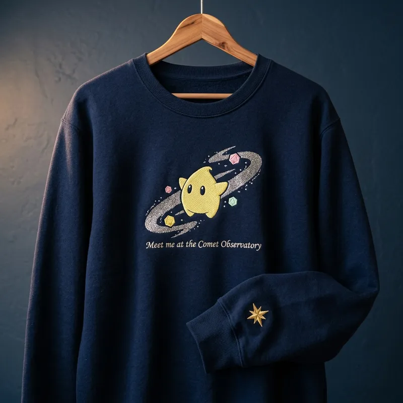 Super Mario Galaxy Movie: Fan Backlash & Cozy Apparel A cozy gamer wearing the Midnight Navy Super Mario Galaxy embroidered sweatshirt while playing the Nintendo Switch on a plush sofa