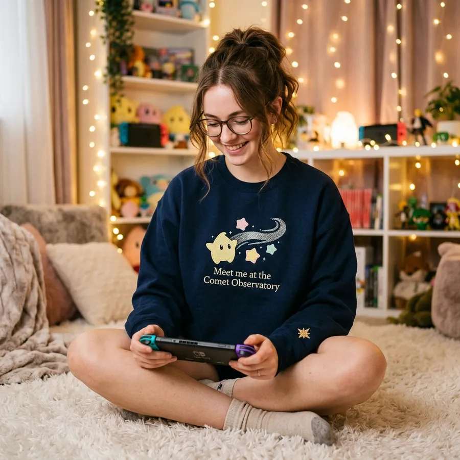 Super Mario Galaxy Movie: Fan Backlash & Cozy Apparel A beautifully styled flat lay of the Super Mario Galaxy sweatshirt surrounded by pastel star bits, a Nintendo Switch, and starry aesthetic props