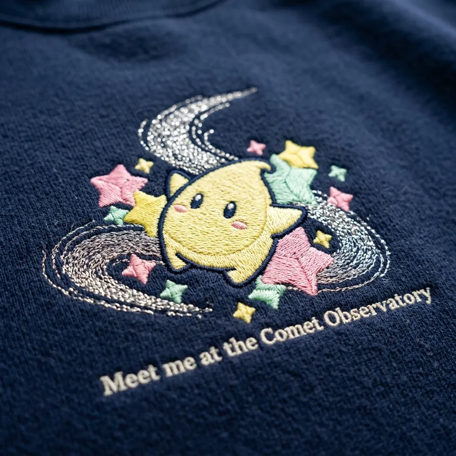 Super Mario Galaxy Movie: Fan Backlash & Cozy Apparel Detail shot of the shimmering gold Grand Star embroidered on the left wrist cuff of the Midnight Navy custom sweatshirt