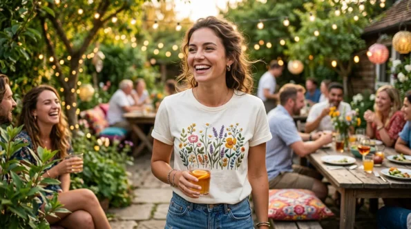 A woman wearing a garden party embroidered floral tee at a sunny outdoor gathering.