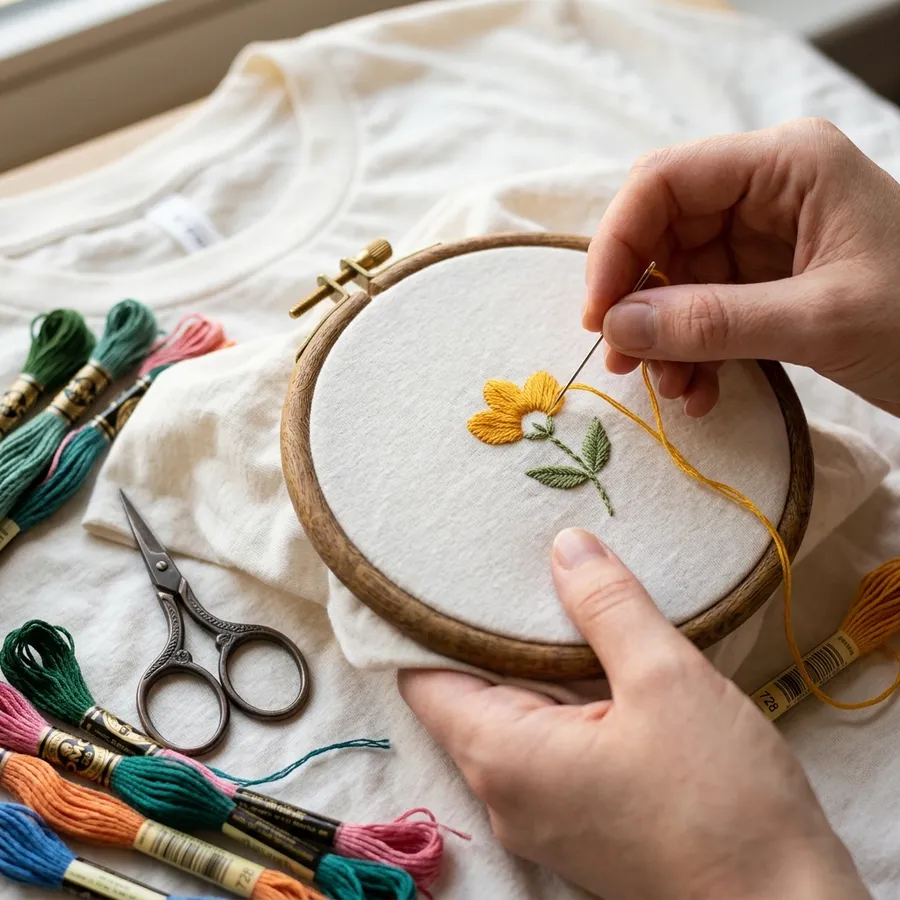 Close up of intricate machine embroidery on a custom floral tee