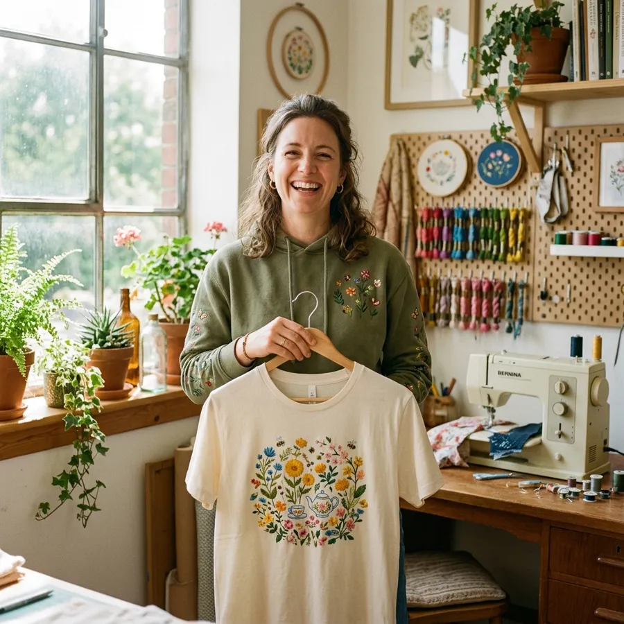 A collection of LolliDollyArt custom embroidered floral apparel laid out for a spring wardrobe update