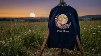 Wide editorial shot of the pink moon april 1 custom embroidered sweatshirt draped on a telescope tripod.