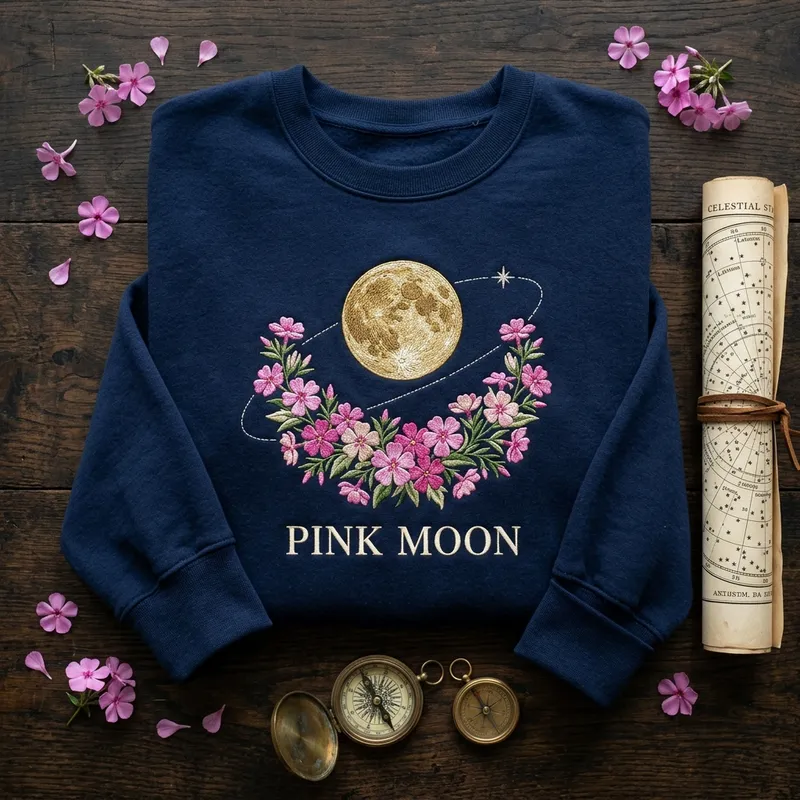 Close-up macro shot showing the intricate embroidery stitch detail of the golden moon and magenta creeping phlox flowers