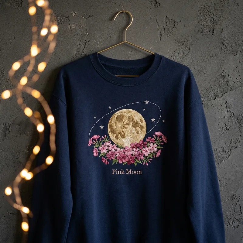 Candid lifestyle shot of a person wearing the Celestial Moss Pink Moon Sweatshirt looking through a telescope
