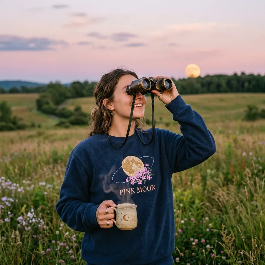 Styled flat lay of the embroidered sweatshirt surrounded by real moss pink creeping phlox flowers and vintage star charts