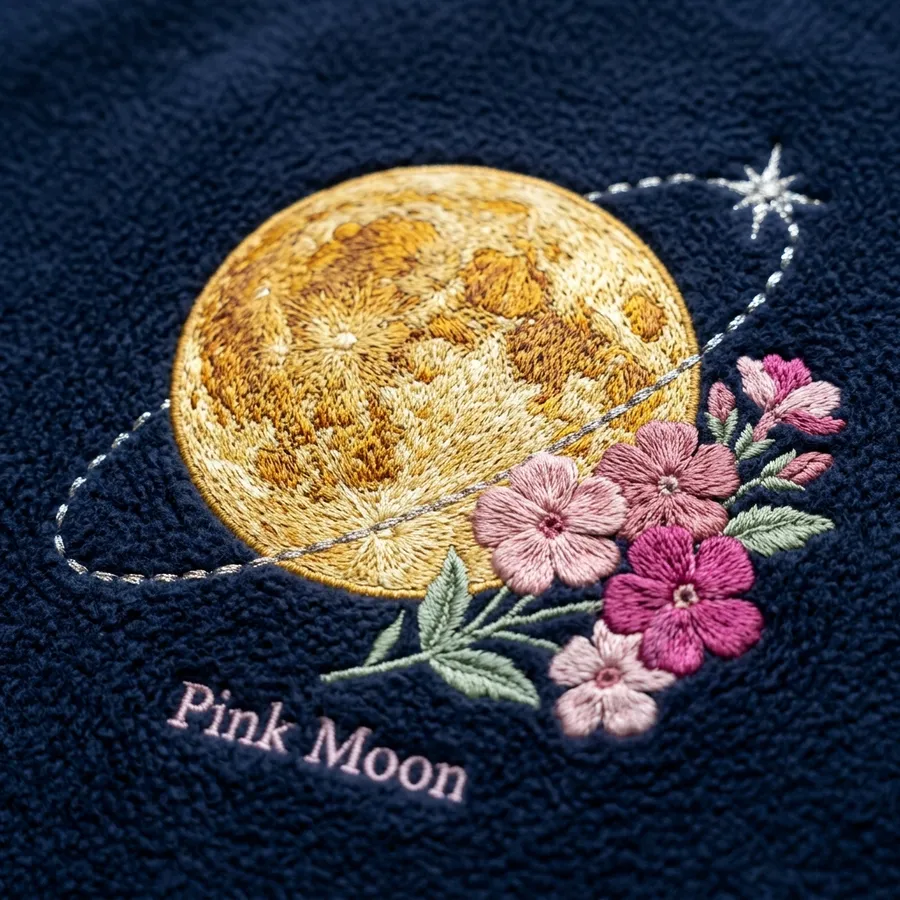 Detailed view of the Pink Moon rising over a spring landscape alongside the Artemis II rocket trajectory