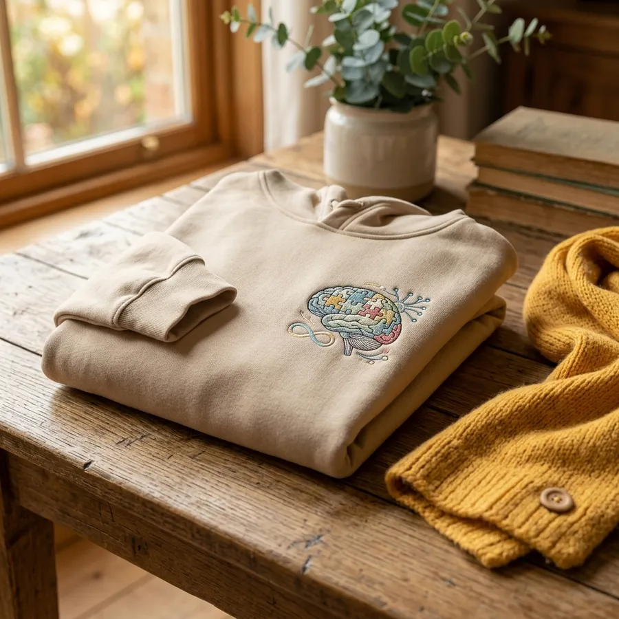 Person wearing a personalized autism awareness embroidered hoodie in a cozy lifestyle setting